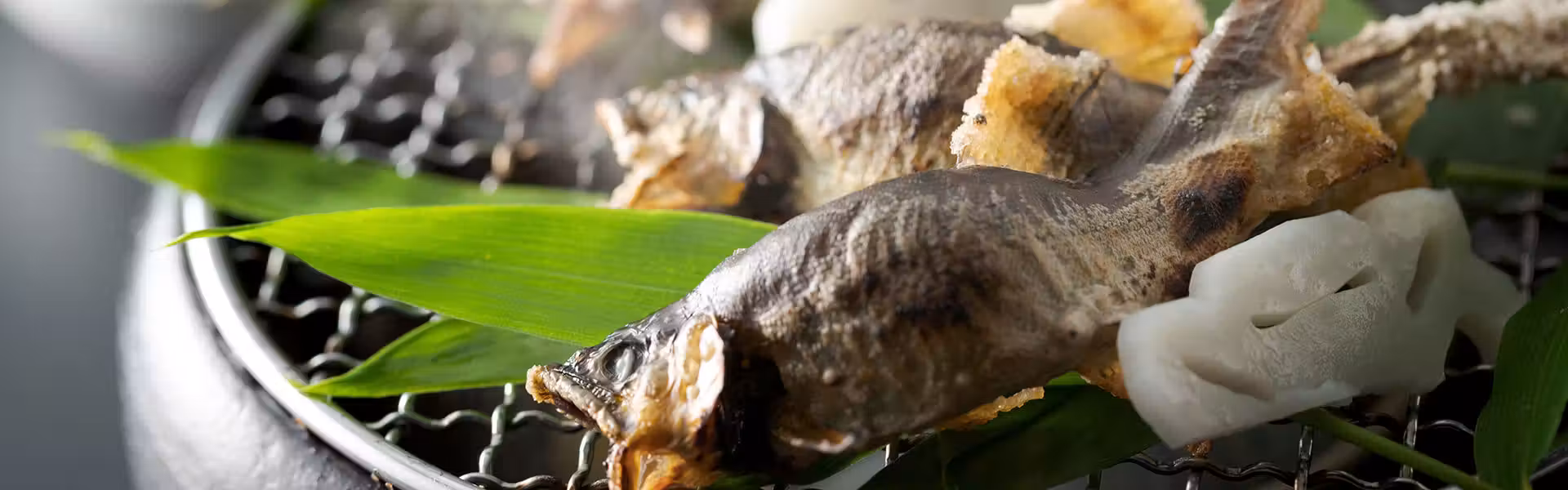 Hirugaminosumika Kurotake with this scene, where a river fish grills over charcoal beside vegetables and mushrooms.