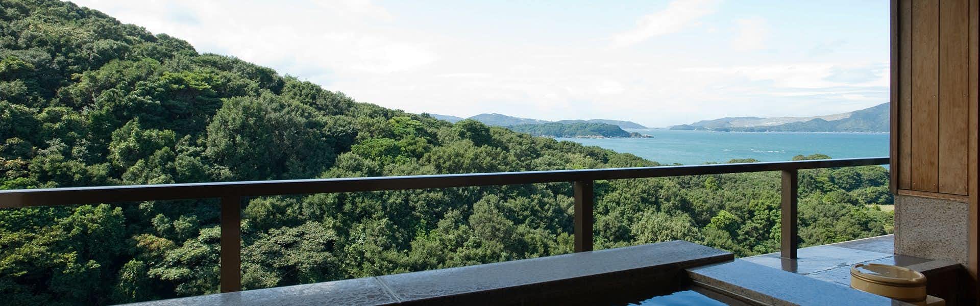 Inn of the Heart Bashinsui with a balcony terrace overlooking forested hills and distant water.