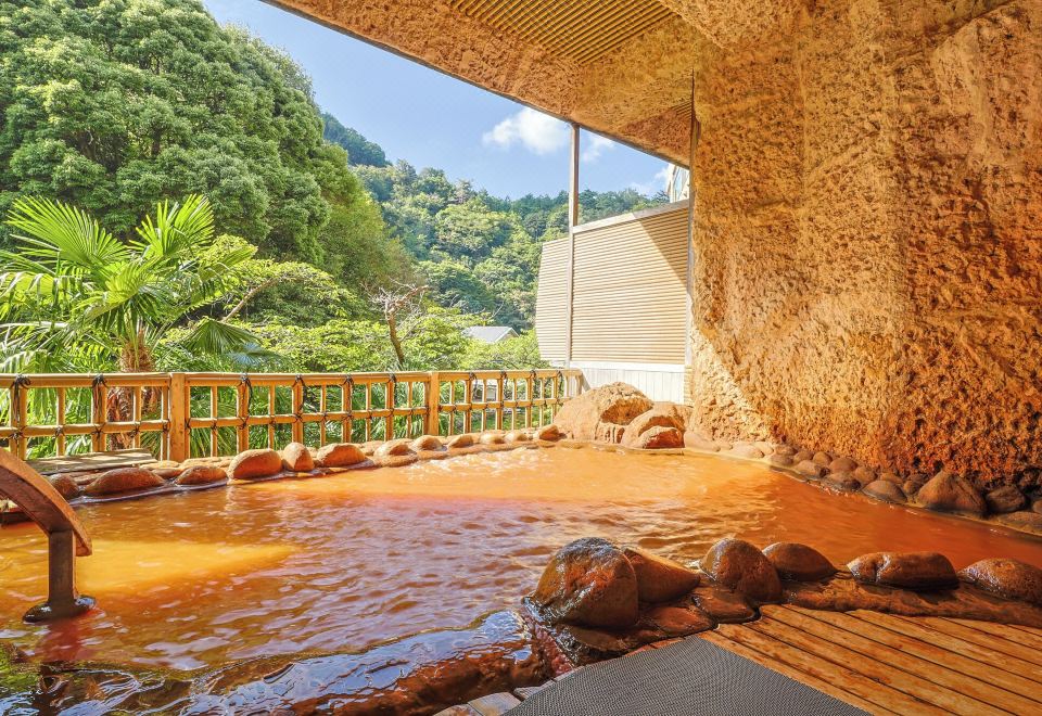 A mountain-facing outdoor bath framed by greenery.