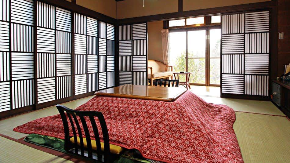 Yunosawa Kosen tatami room with a red low heated table and geometric shoji screens