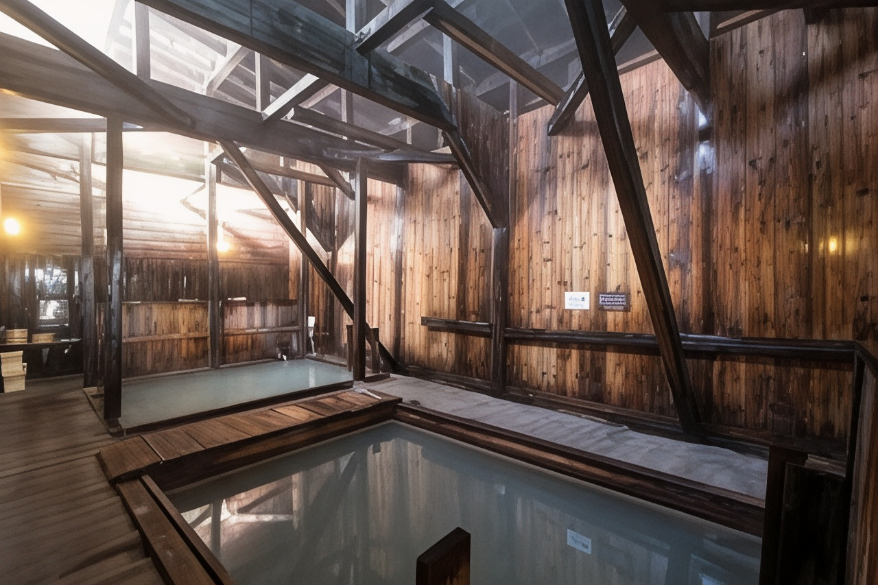 A traditional wood-lined bathing area is framed by glass.