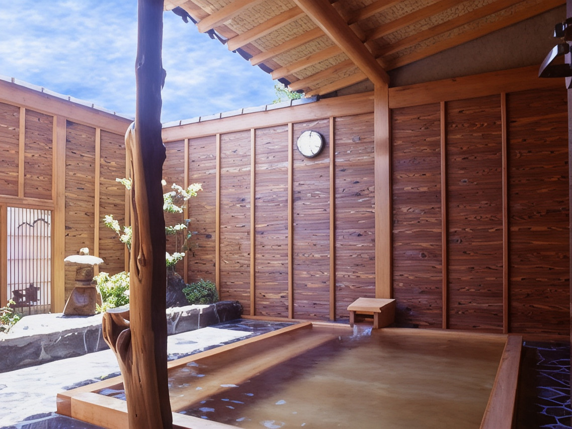 A covered outdoor bath beside a wooden fence.