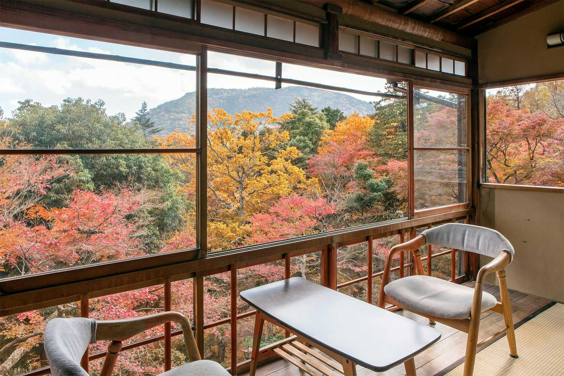 Gora Onsen Private Hot Spring Inn Gora Kansuirou with autumn foliage framed by floor-to-ceiling lounge windows.
