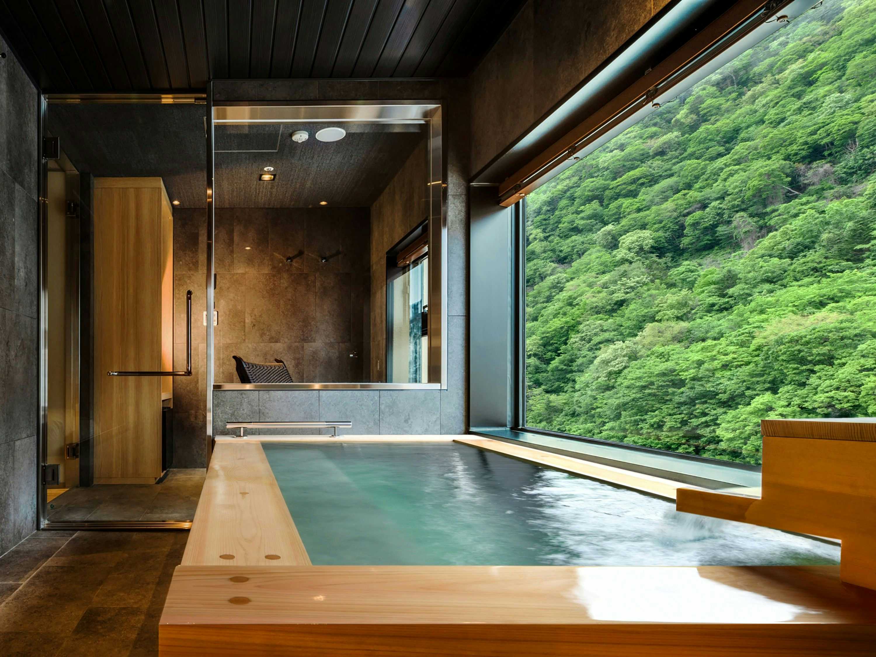 HanaMOMIJI with a private rectangular bath overlooking green mountain forest.
