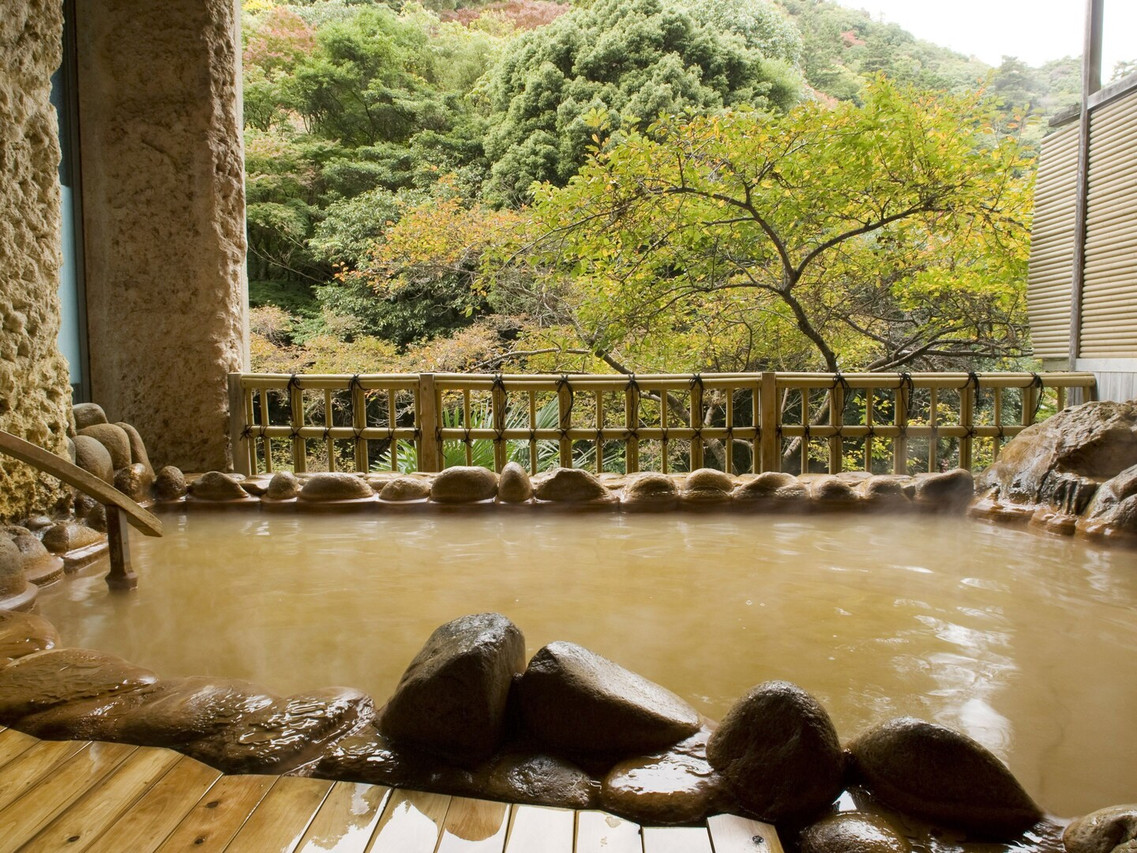 A rocky bath beside a wooded hillside.