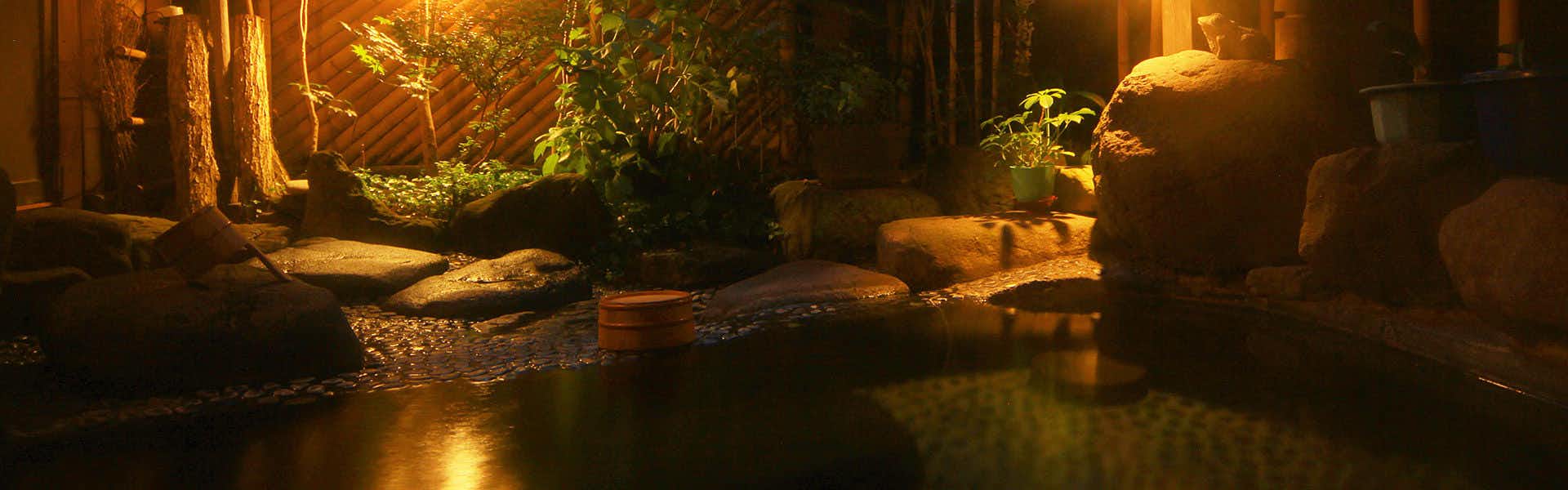 Aizu Higashiyama Onsen Irori no Yado Ashina with a lantern-lit garden with mossy rocks.