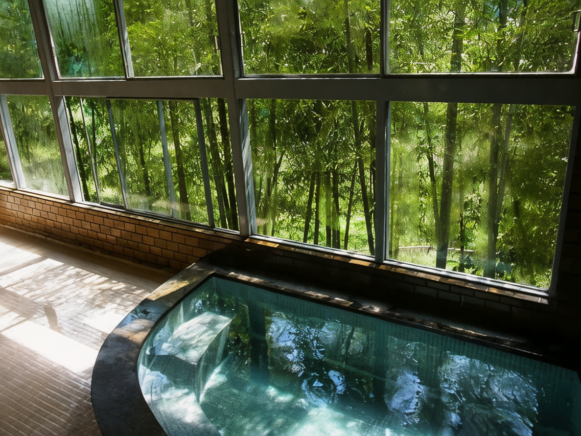 Indoor bath beside forest windows.
