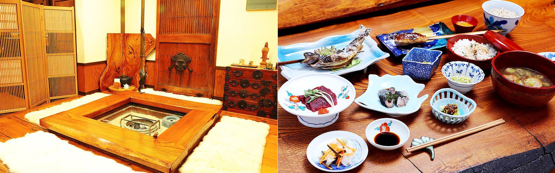 Omotenashi no Yado Yuyutei with a traditional room centered on a square sunken hearth.