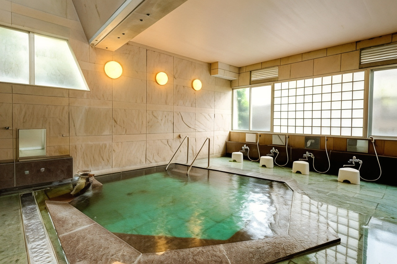 A bright indoor bath includes a low stone surround and windows.