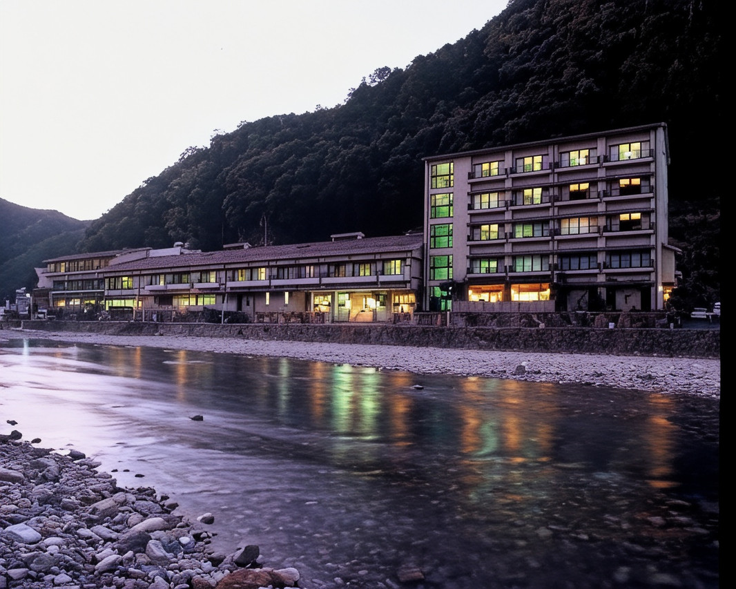 The property glows beside a wooded mountain slope.