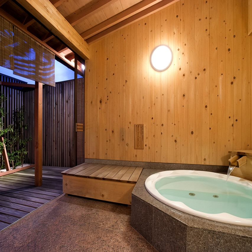 Wooden soaking tub in a room.
