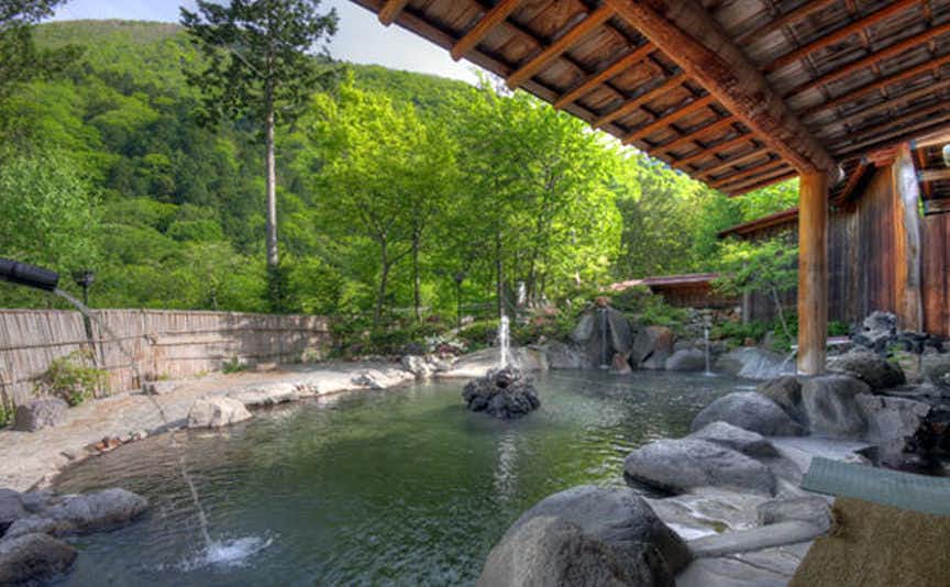Takasekan with an open-air rock bath overlooking dense hillside trees.