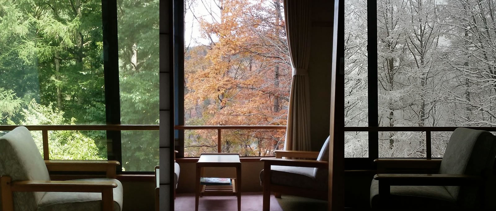 Three-panel seasonal view from the room's window-side chairs.