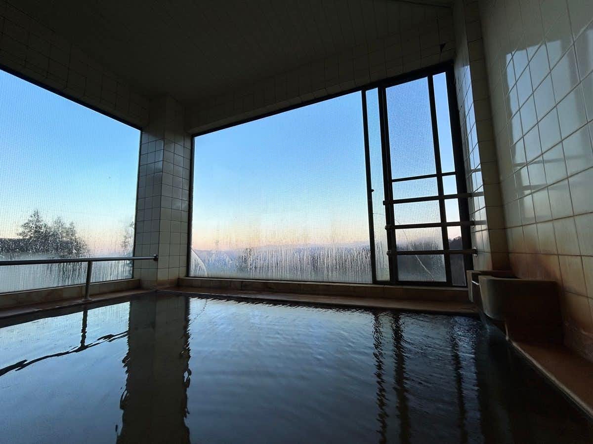 Kansei Onsen Tomiya Ryokan with a rounded indoor bath filled with pale mineral water.