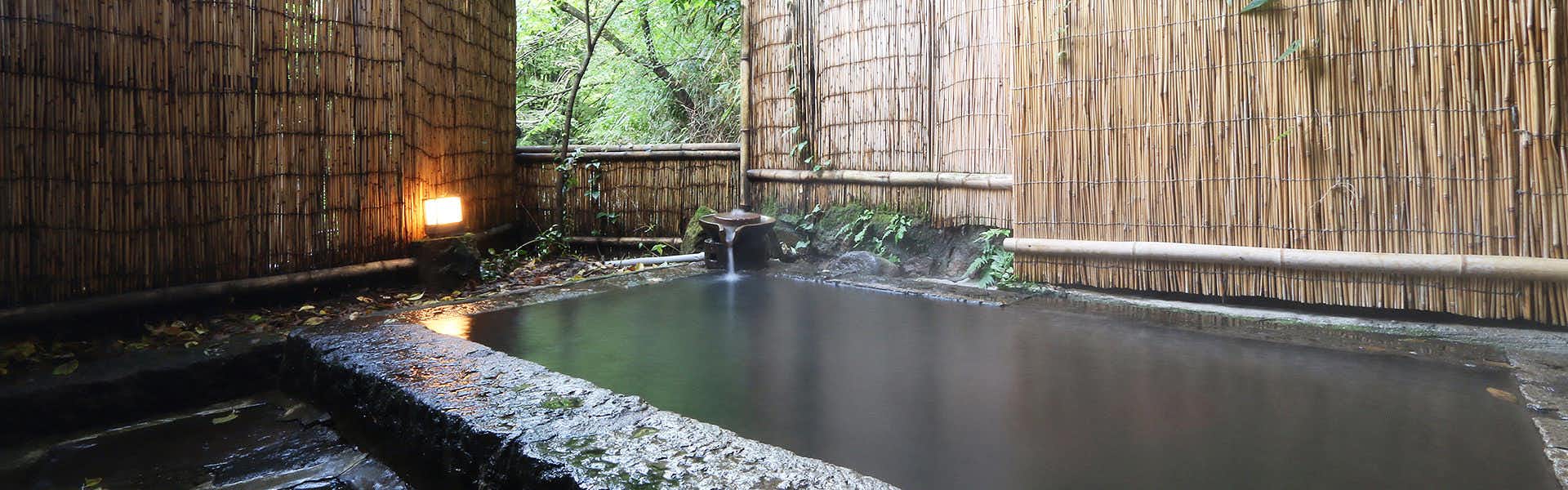 Shukubo Hanashinobu Wooden vertical-slat fence screening, water basin with dark surface, stone edges, surrounding garden foliage, and warm accent lighting