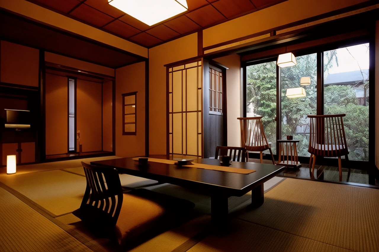 Tatami room with a low table and window-side chairs facing the garden.