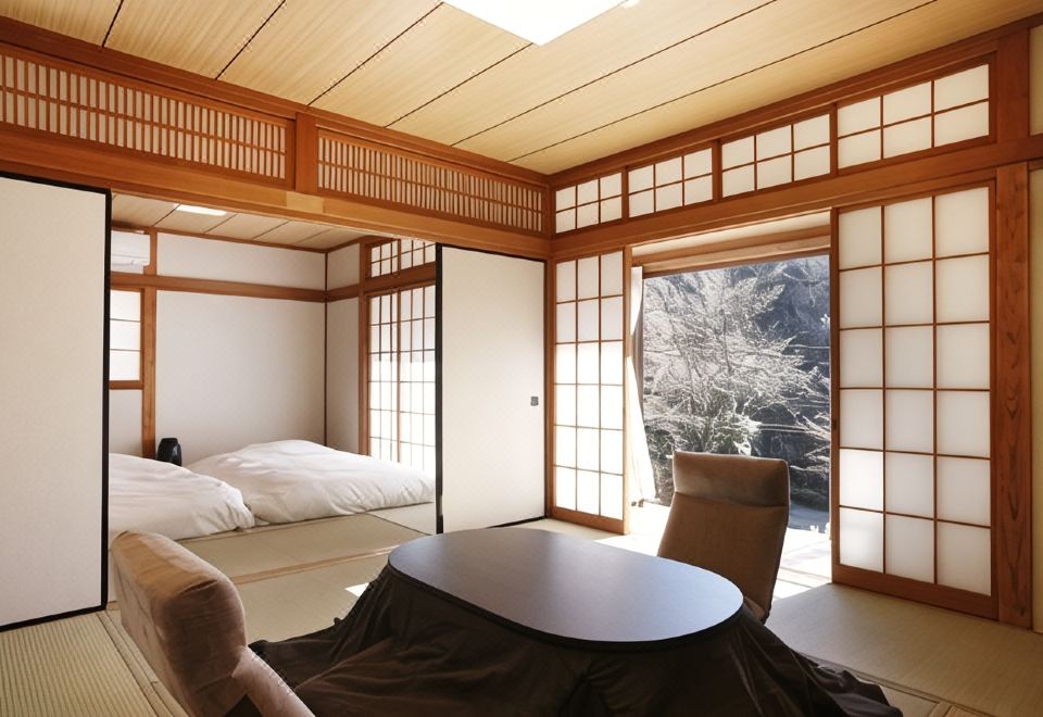 Japanese-style guest room with a low table.