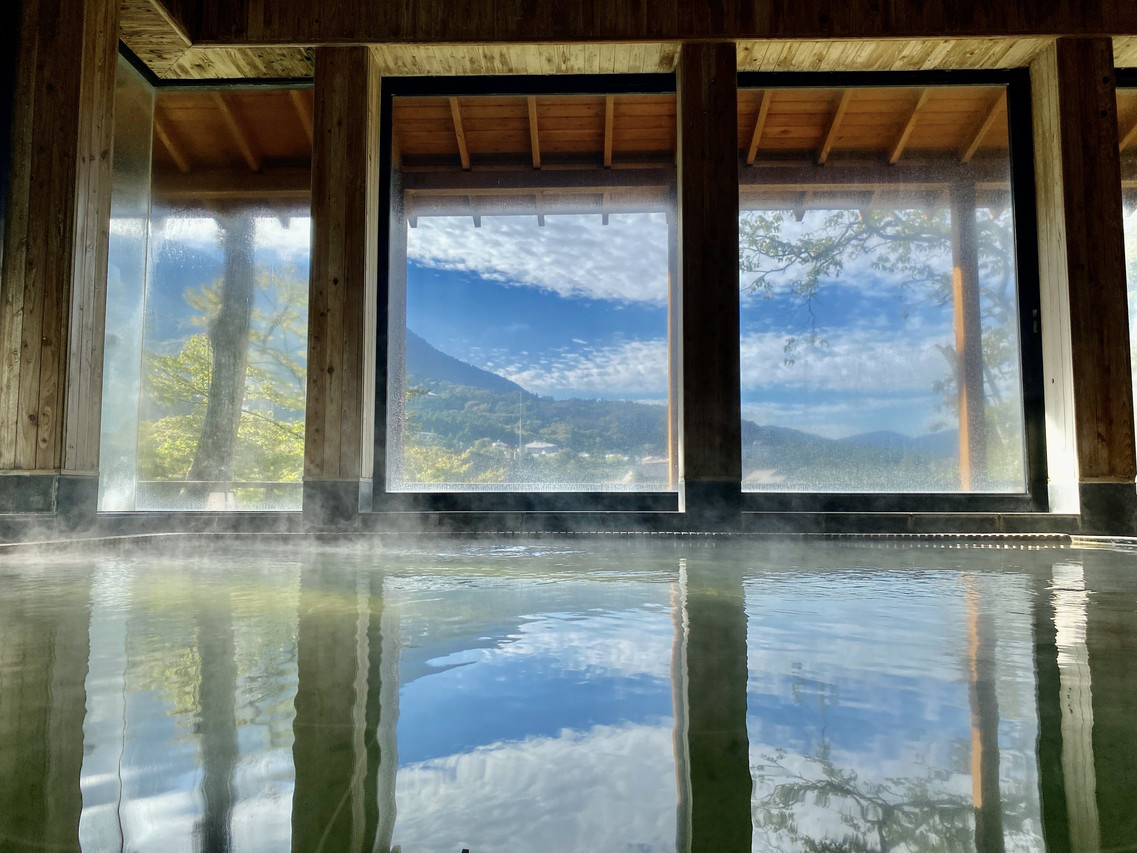 Indoor bath with a mountain view.