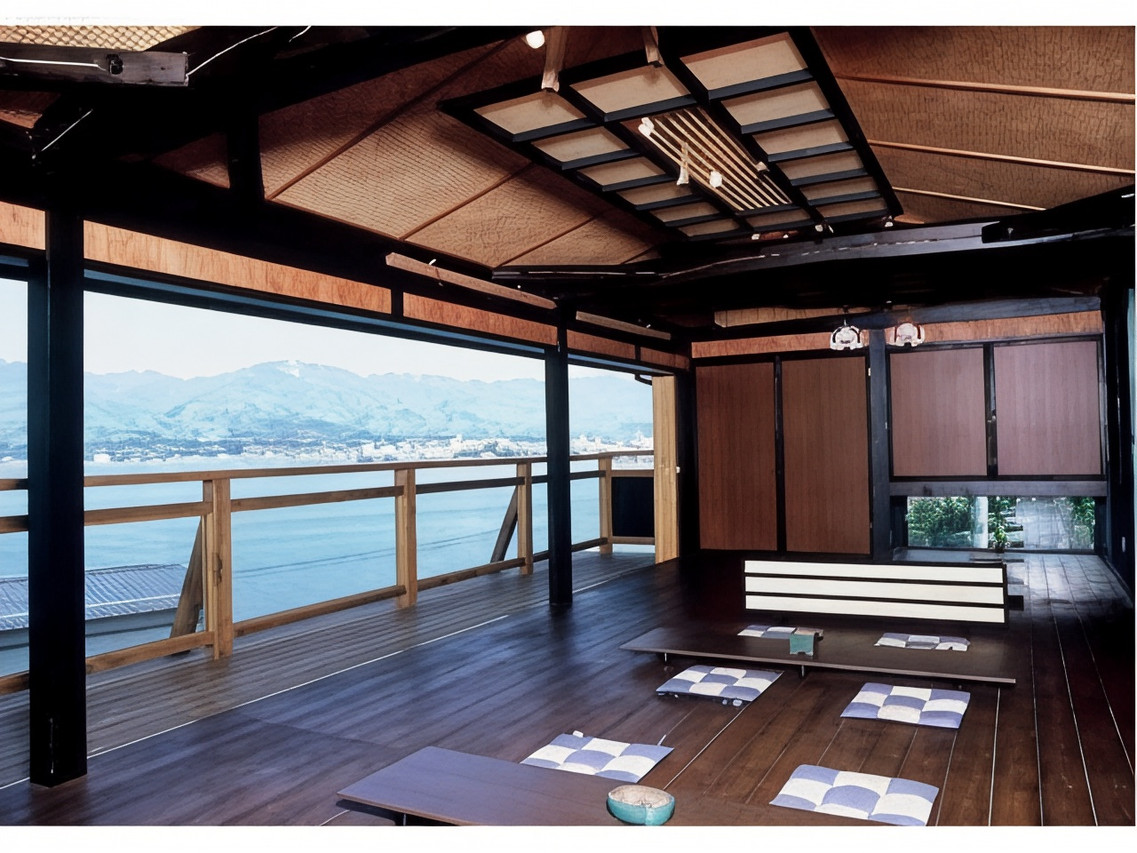 A covered wooden veranda overlooking the water.