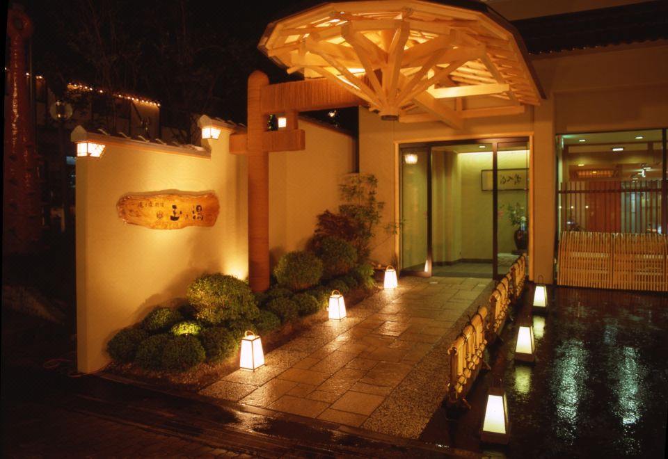 Ryokan entrance at night.