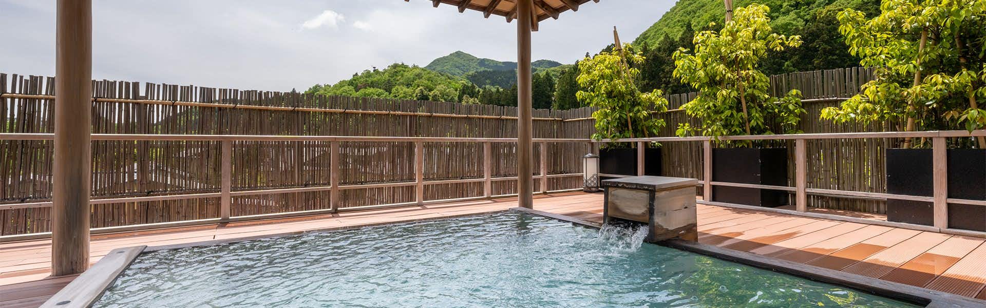 Niigata Iwamuro Onsen Private Hot Spring Inn Fujiya with an open-air rectangular bath beneath a timber shelter.