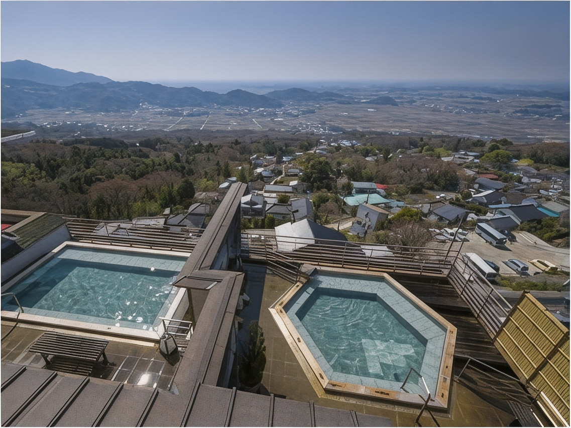 Rooftop bath and broad valley panorama.