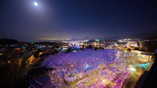 An evening panorama of the city and surrounding mountains.
