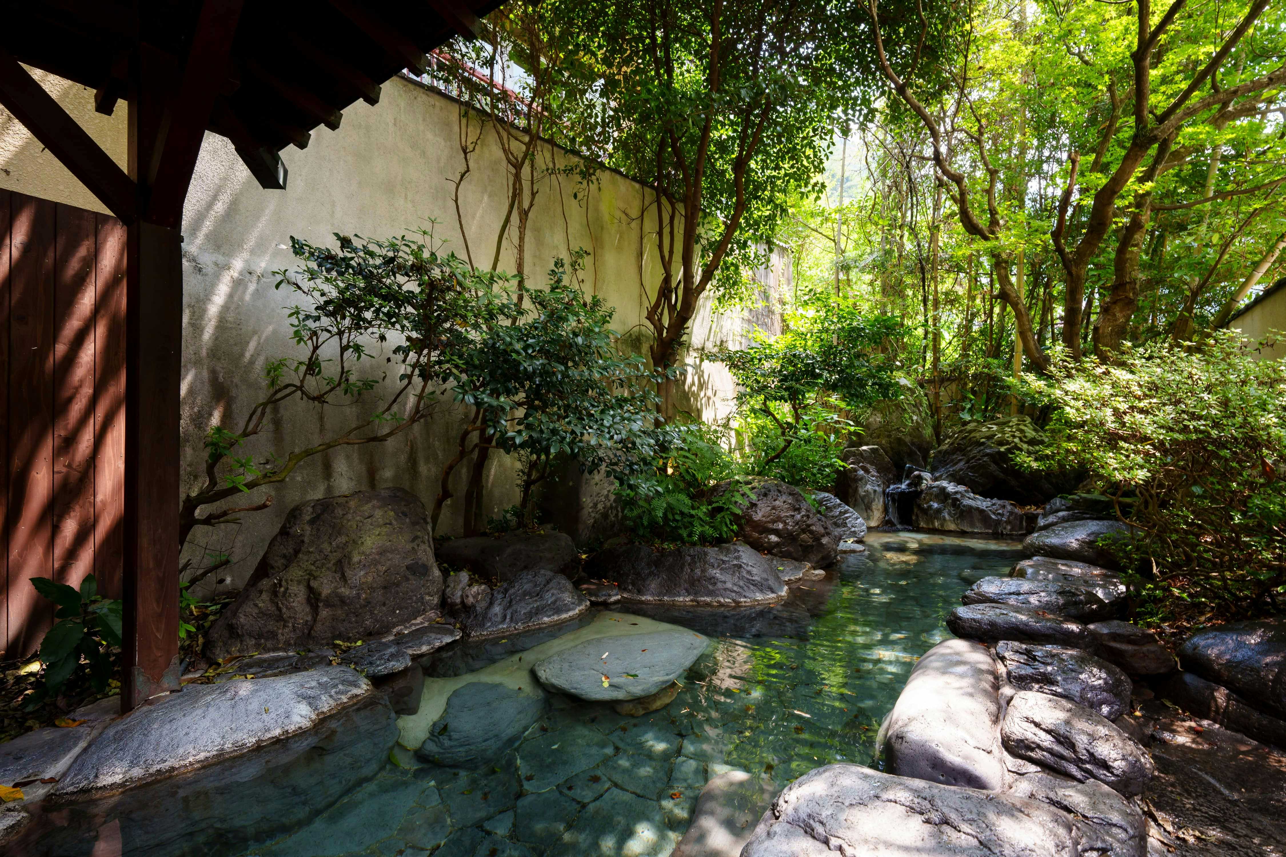 Tsuetate Keiryu no Yado Daishizen with an open-air stone bath surrounded by dense garden greenery.