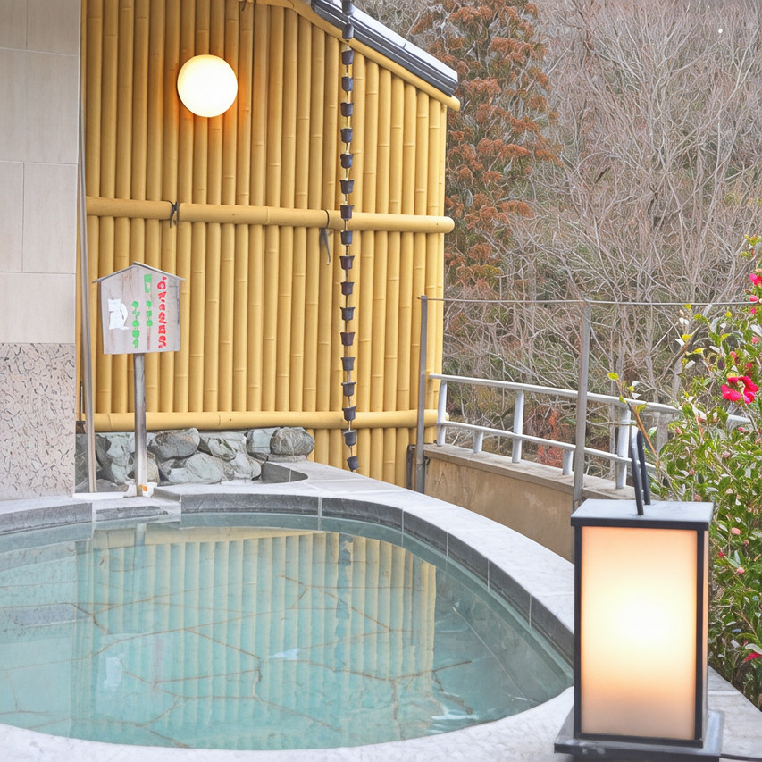 A tiled bathing area with bamboo details.
