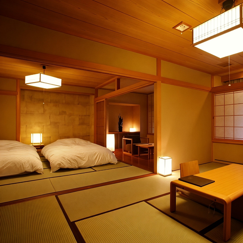 A tatami room with futons and warm wood walls.