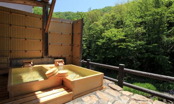 An outdoor bath beside green woodland.