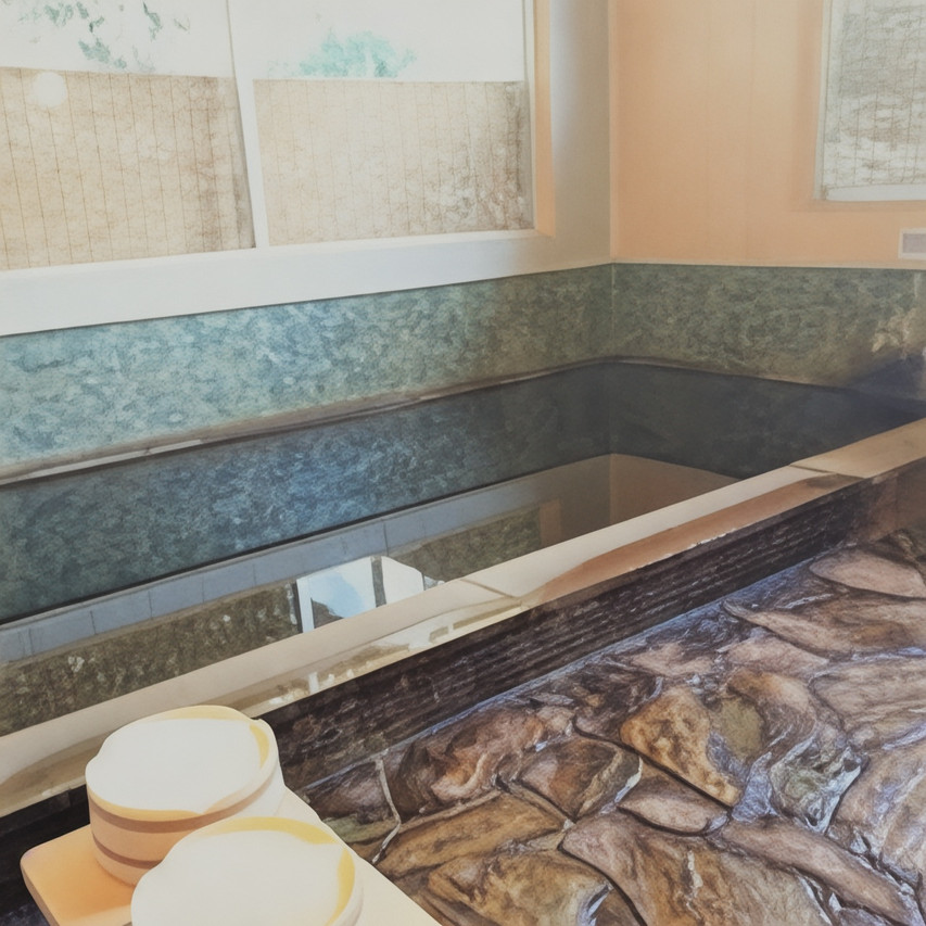 Indoor bath with tiled walls.