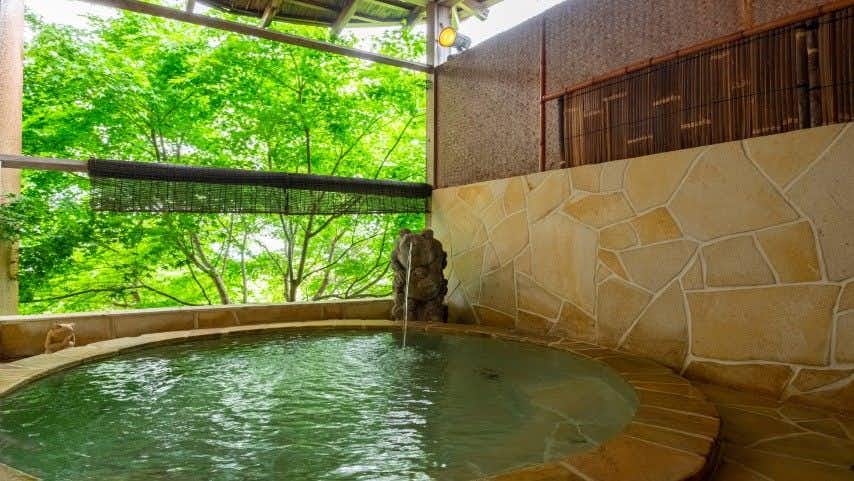 Nipponia Kogen Yado Yume Mizuki with an open-air stone bath surrounded by bright green foliage.