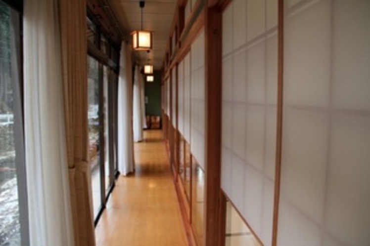 A wooden corridor beside shoji screens.