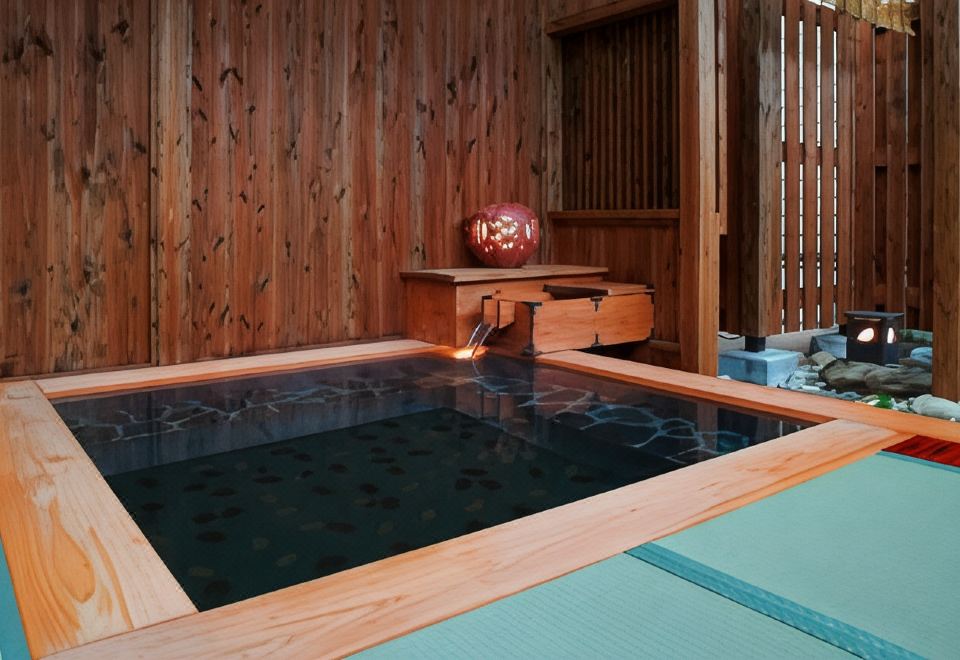 A small wooden bath beside tatami-style flooring and wood-paneled walls.