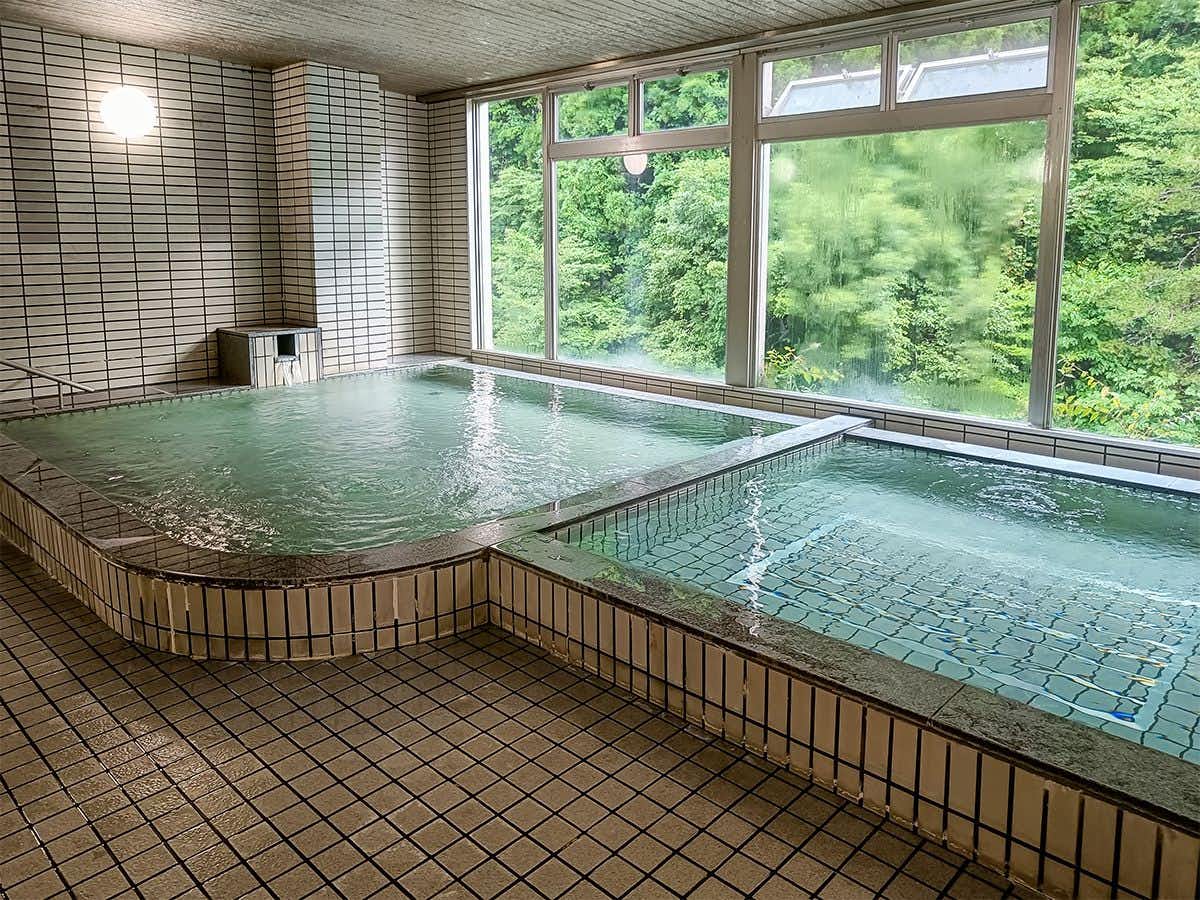Nosegawa Onsen Hotel Nosegawa with a tiled indoor bath facing dense green forest.