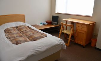 A compact guest room with a single bed, desk, and television.