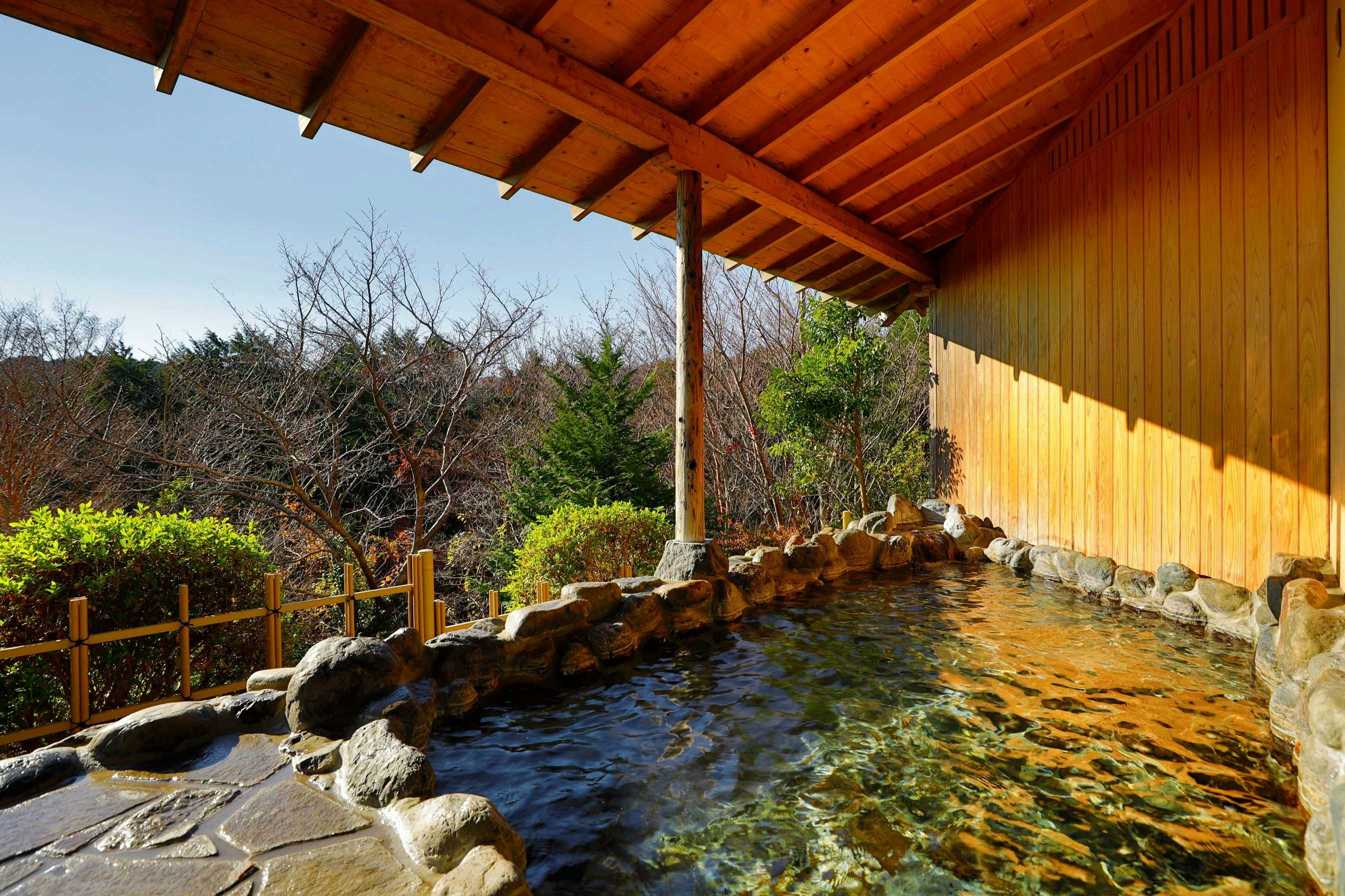 IzuniSouyunoKakurezato Mibunoshou open-air stone bath beneath a timber roof beside garden trees.