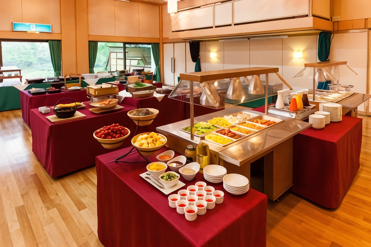 Buffet counter with arranged dishes.