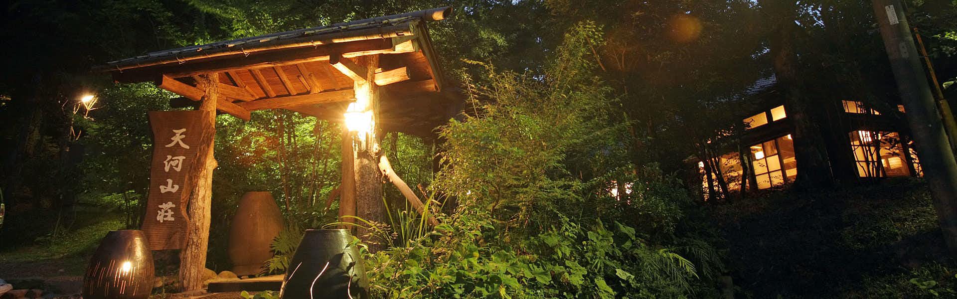 Hiyose Onsen Tenkazan-so illuminated wooden entry gate framed by trees at night
