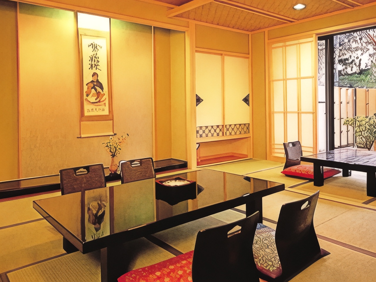 A traditional dining room with floor seating and decorative alcoves.