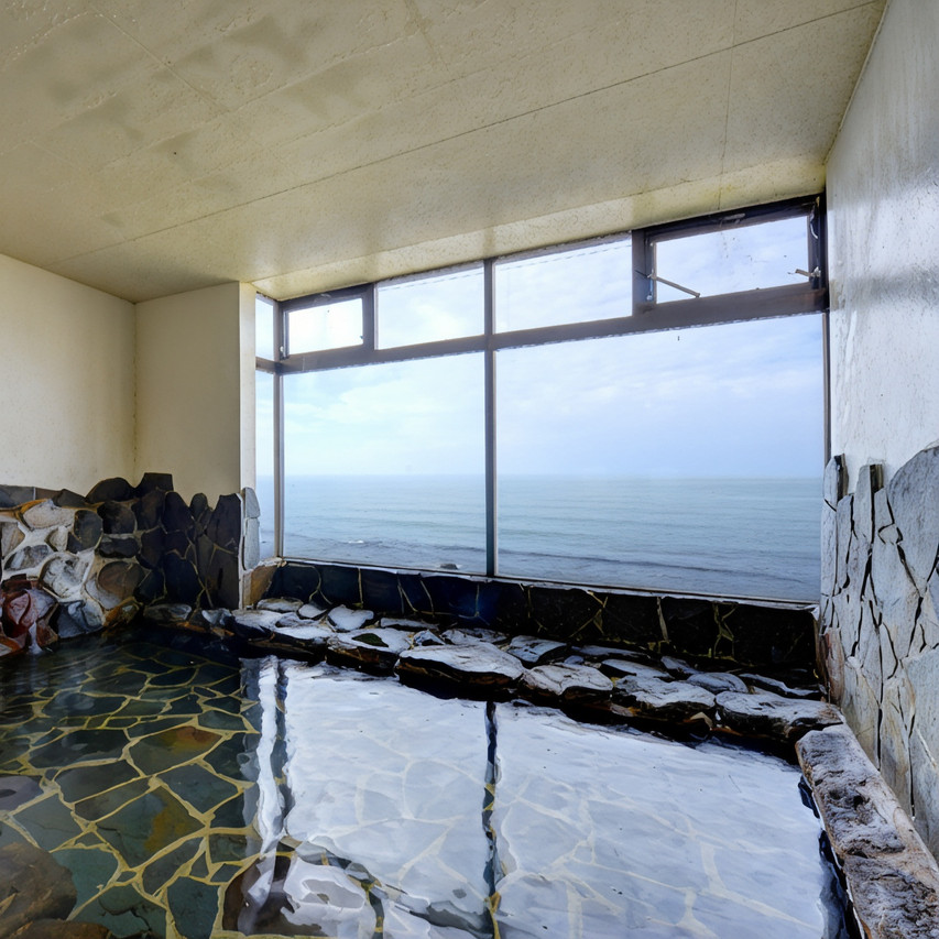 A stone bathing pool beside wide windows with an ocean view.