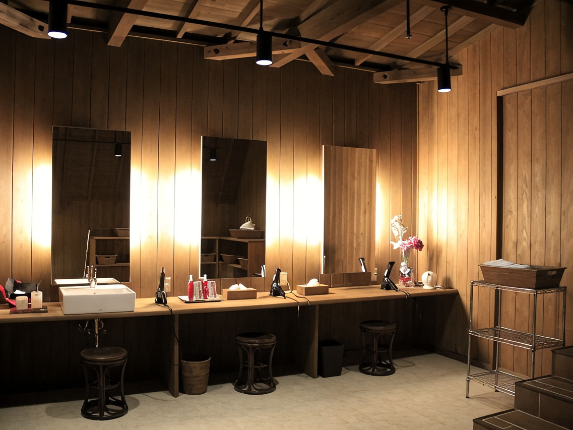 A dark vanity area includes a wide mirror and several washbasins.