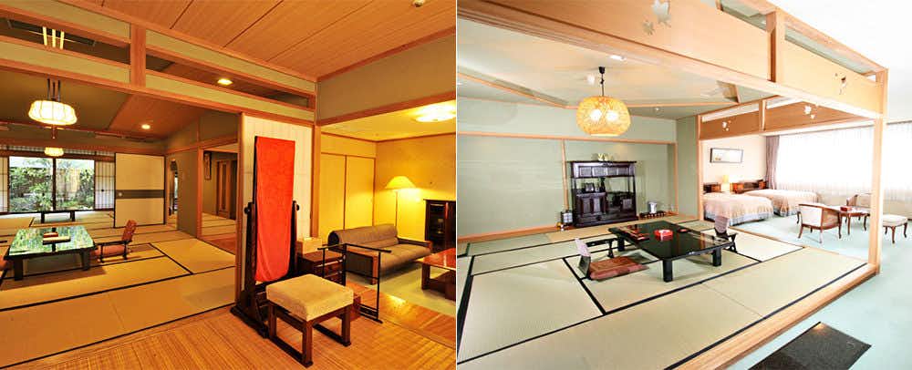 Nisshokan Bettei Koyotei with a spacious tatami room overlooking Nagasaki through broad windows.