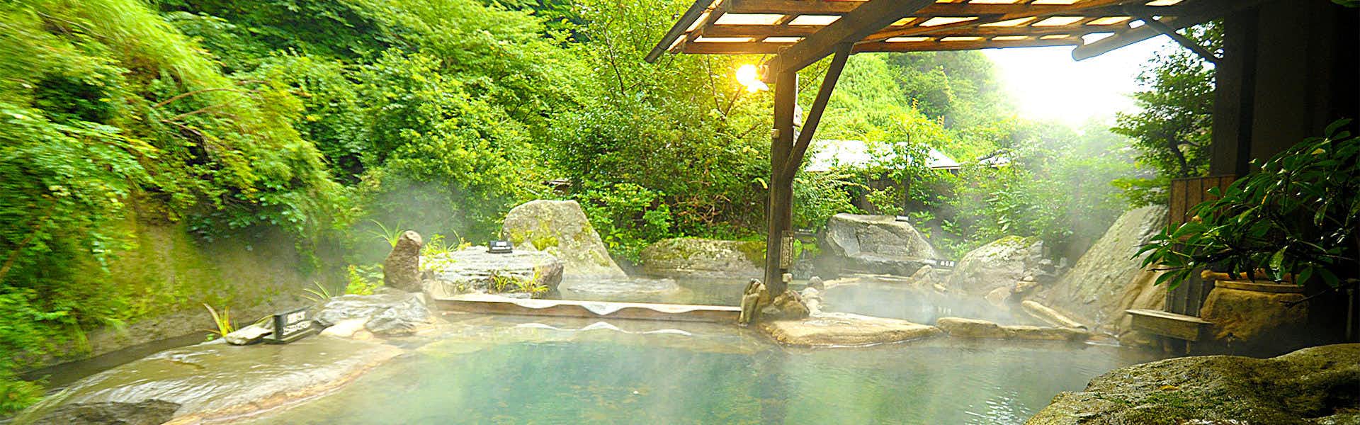 Genryu no Yado Hozantei Pergola overhead pale green water, large boulders in water, wooden tub edges, wood framework, dense foliage.