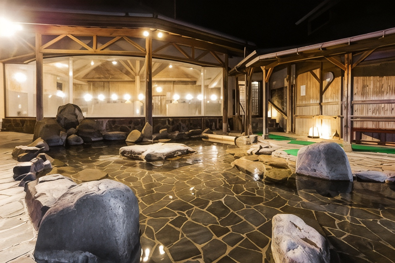 An illuminated outdoor rock bath beside a timber-framed building.