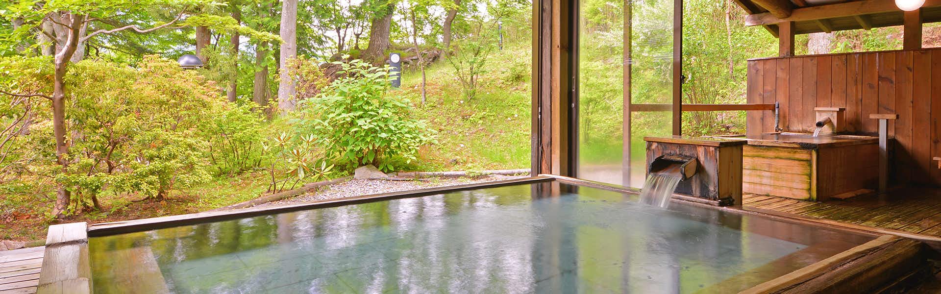 Nikko Hoshi no Yado with an indoor stone bath with wide garden-facing windows.