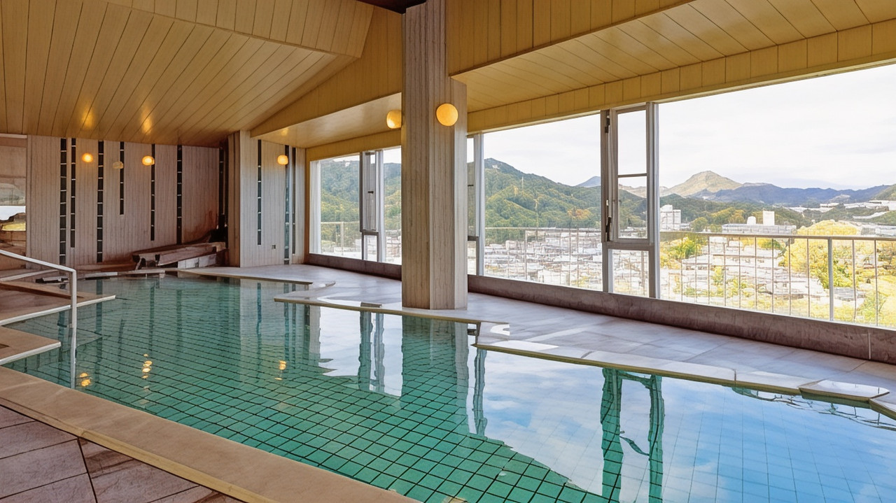 Indoor bath beside wide windows.