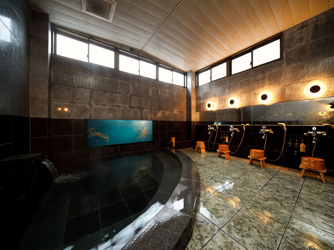 A dark stone bathing area is lit by a row of round wall lights.