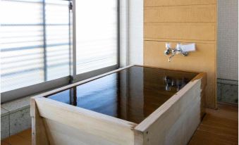 A rectangular bath beside tall frosted windows.